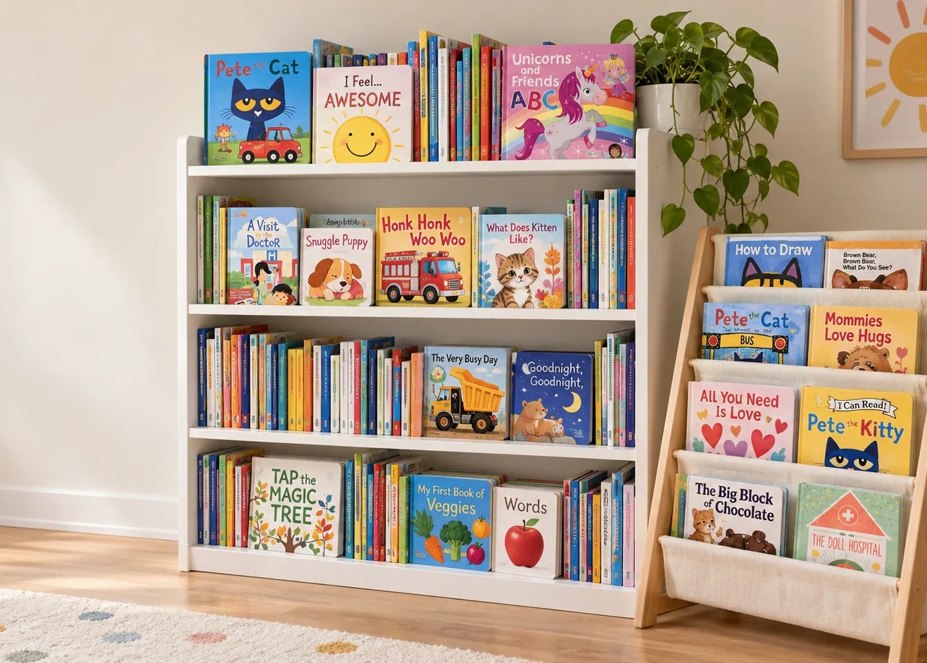 A bright reading corner with shelves filled with colorful children’s books