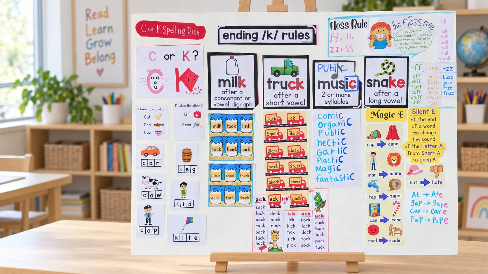 A colorful classroom display of spelling patterns, phonics rules, and illustrated word examples