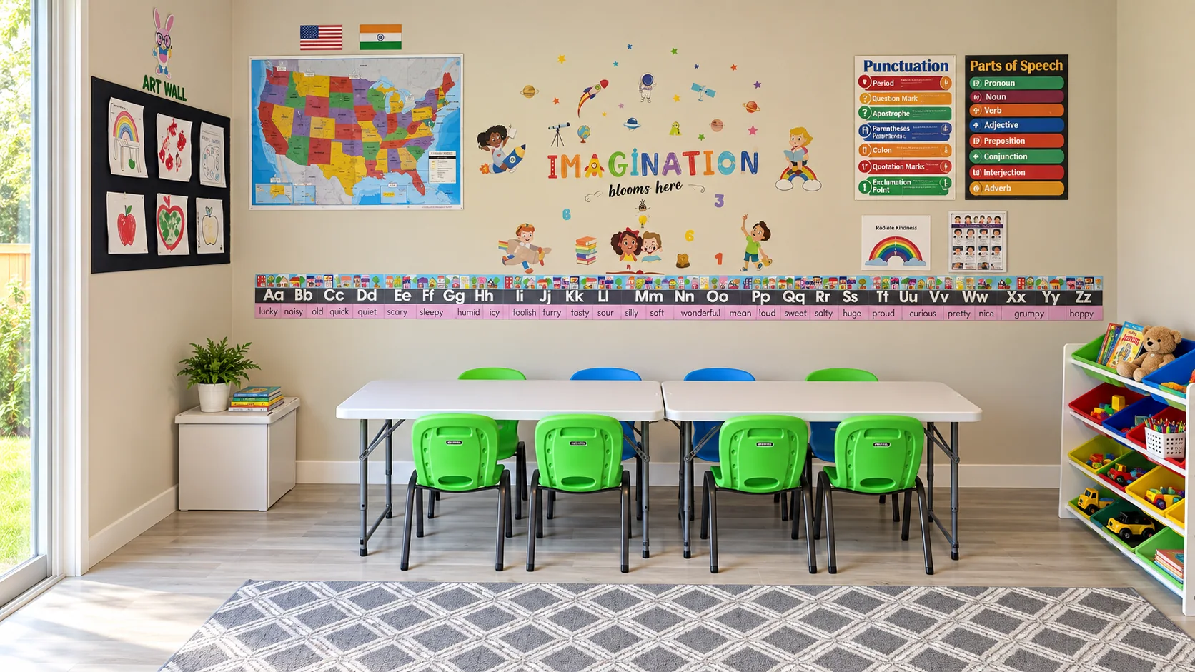 The bright Tickle Treetops Academy preschool classroom with child-sized tables and colorful learning displays