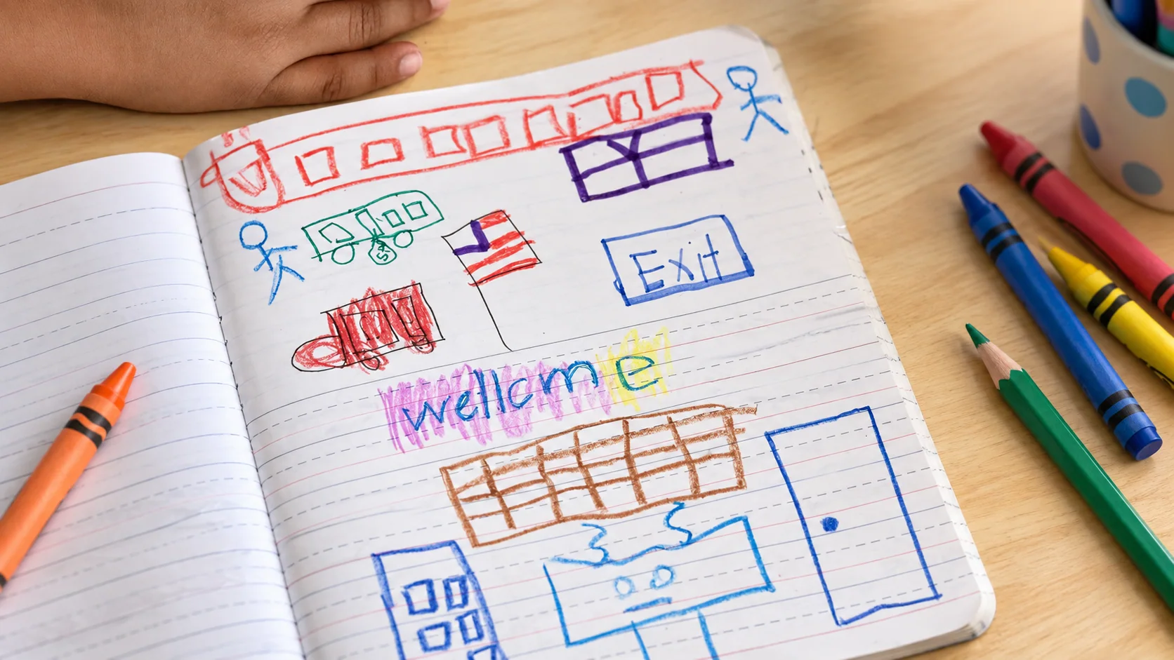 A child’s illustrated story in a notebook surrounded by colorful crayons